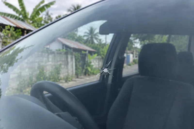 A small star-shaped stone chip in an otherwise clean windscreen, with an ordinary Philippine street beyond the glass.