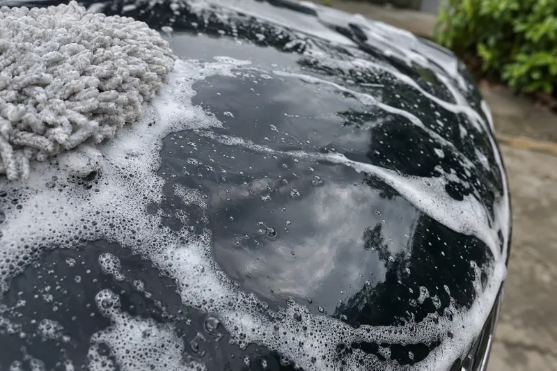 Wash foam sitting on a dark car panel with a wash mitt resting at the edge of it.