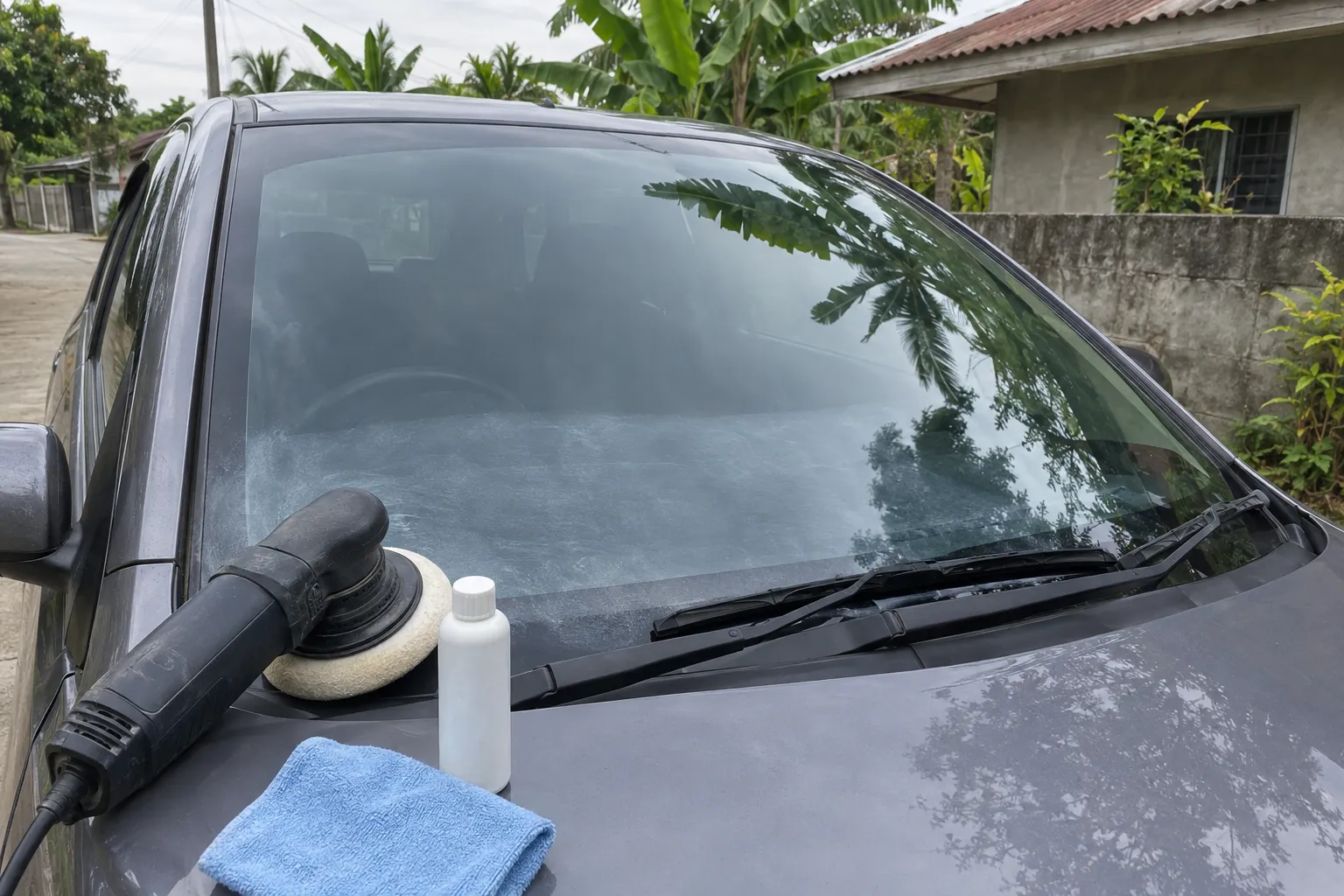 A glass polisher and a plain bottle of polish resting on a car bonnet in front of the windscreen.