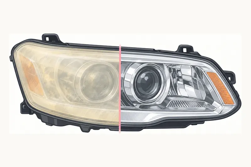 A drawing of one headlight split down the middle: clouded and yellow on the left, clear on the right.