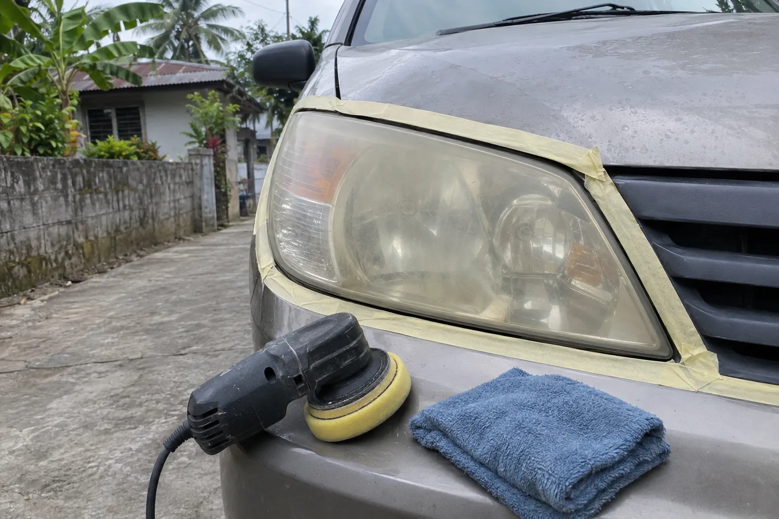 A clouded headlight masked off with tape, a polisher and a cloth resting on the bumper beside it.