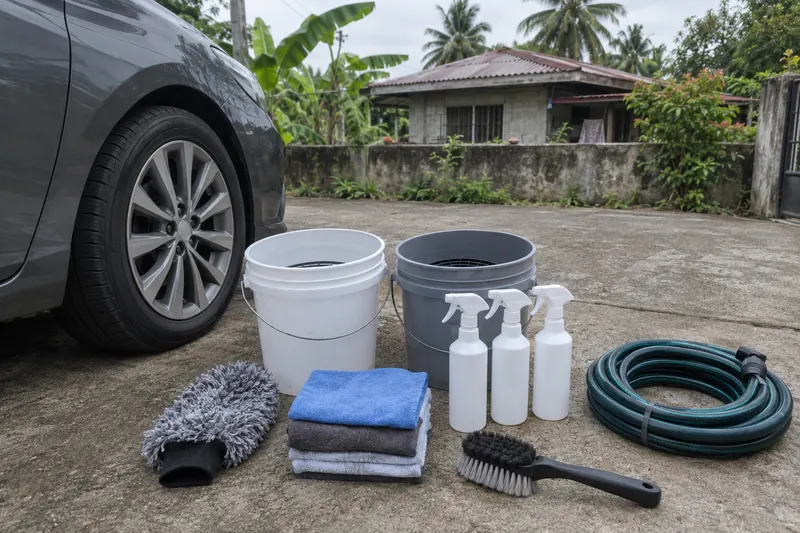 Buckets, cloths, plain spray bottles, a wash mitt and a coiled hose laid out on a driveway beside a car.