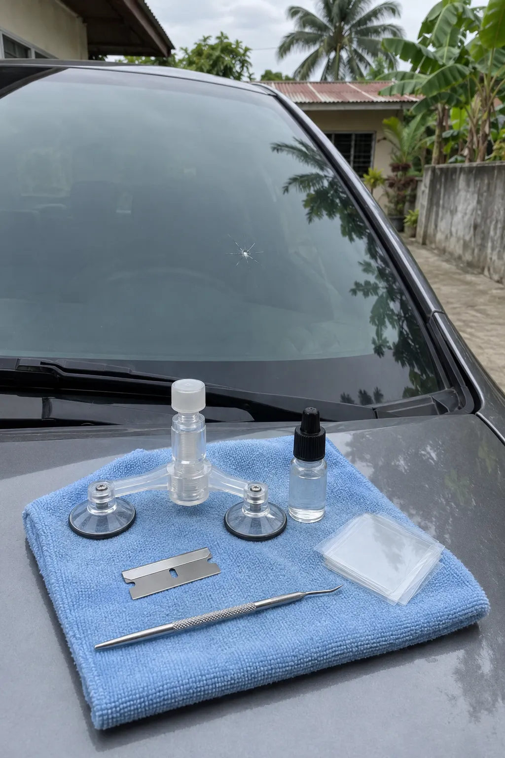 A chip repair kit laid out on a car bonnet: a resin bridge, a plain bottle, curing squares, a blade and a probe.