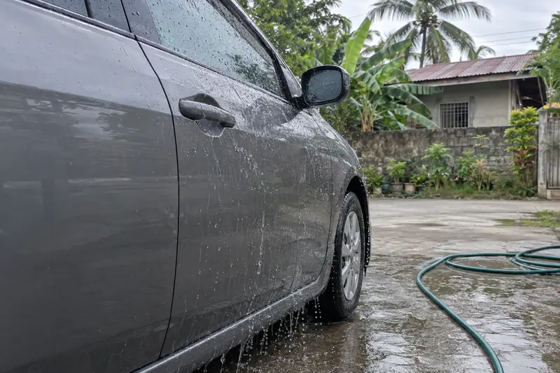 Clean water sheeting down the side of a car with the hose coiled on the wet concrete.