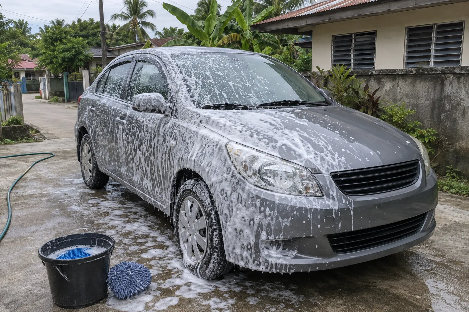 A small saloon covered in wash foam on a driveway, a bucket and mitt on the concrete beside it.