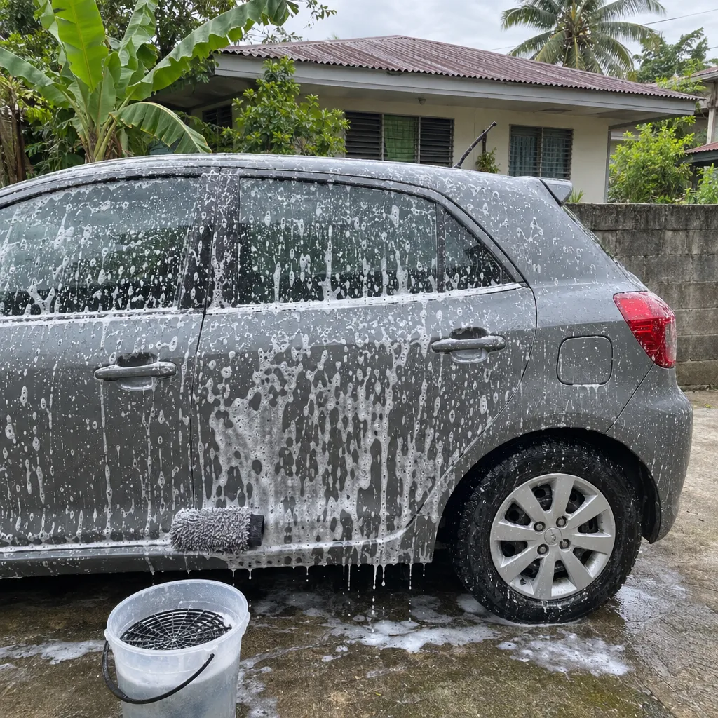 A small hatchback covered in wash foam on a driveway outside a house, a bucket on the concrete.